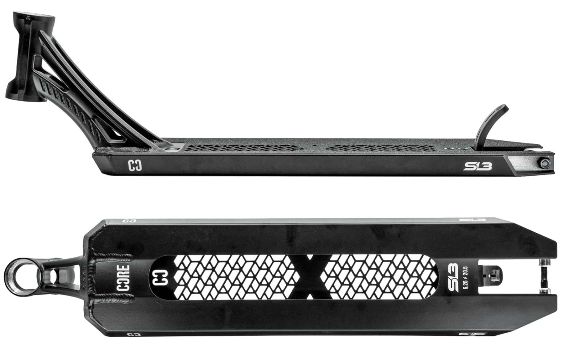 The CORE SL3 Forged Black Stunt Scooter Deck (5.25" x 19.3"/20.5") is shown from the side and bottom, with a honeycomb cutout, angled rear dropout, and "CORE," "S3," and "23" branding—ideal for park setups.