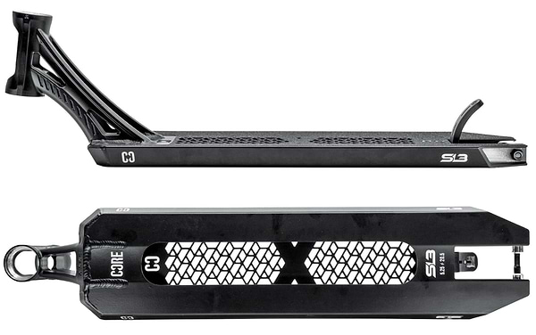 The CORE SL3 Forged Black Stunt Scooter Deck (5.25" x 19.3"/20.5") is shown from the side and bottom, with a honeycomb cutout, angled rear dropout, and "CORE," "S3," and "23" branding—ideal for park setups.