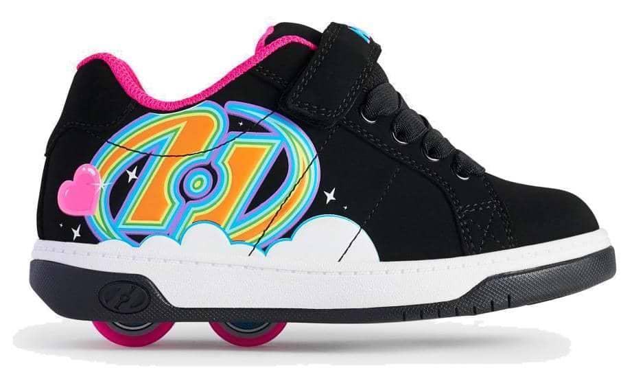 Heelys Kolect X2 Girls Shoes by Heelys feature a black base with hot pink lining, black laces, two pink heel wheels, and a vibrant graffiti-style side design with yellow, blue, orange, white clouds, and pink hearts. Fun two-wheel action!.