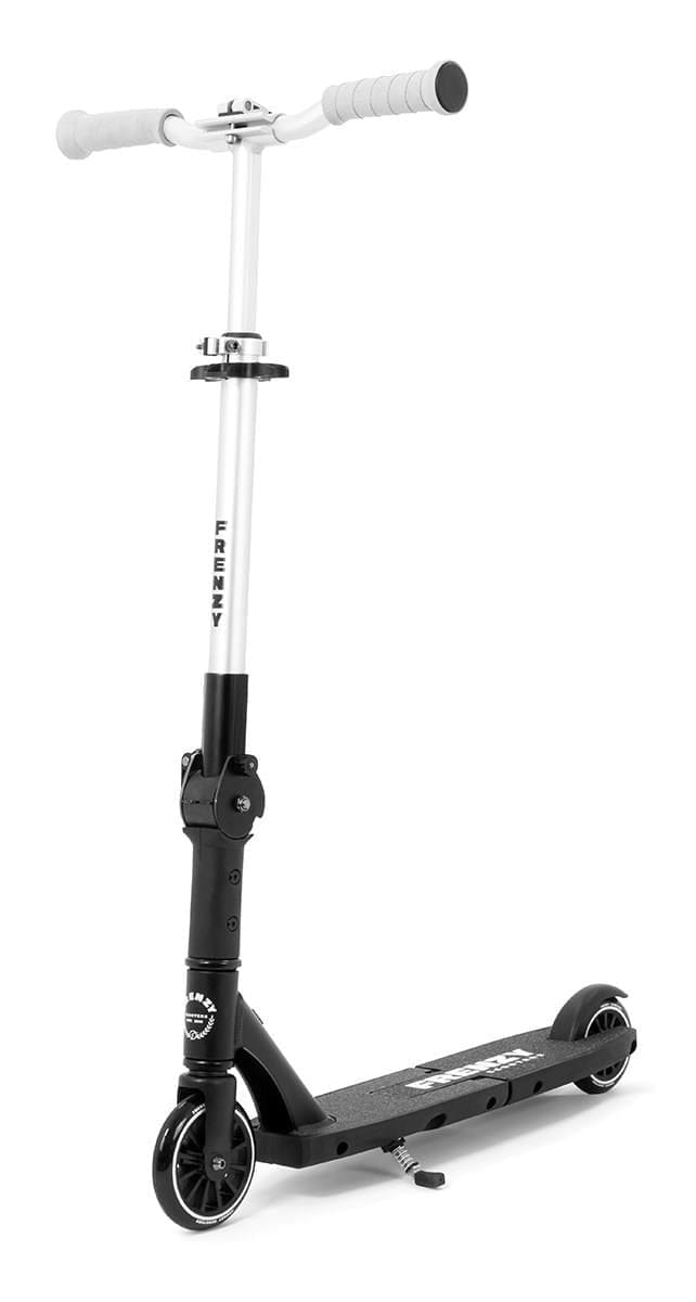 The Frenzy Flex 120mm Recreational Scooter by Frenzy features a black and silver design, T-shaped handlebar with gray grips, two small wheels, a patented folding mechanism for compact storage, and stands upright on its kickstand.