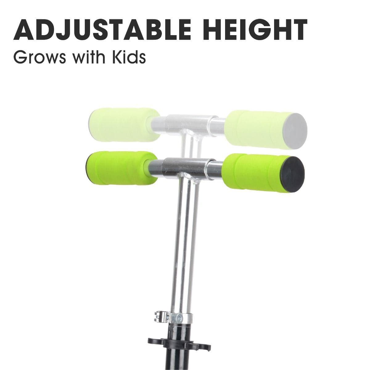 Image of a Xootz Atom Foldable Kids Kick Scooter in purple, featuring handlebars with vibrant green grips and an adjustable height mechanism. Text at the top states "ADJUSTABLE HEIGHT - Grows with Kids," highlighting the lightweight frame against a subtle background.