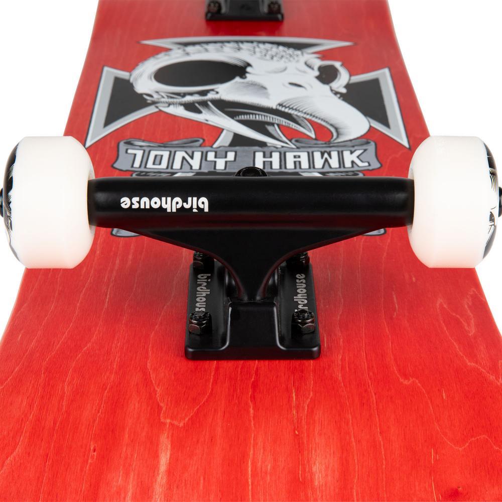 Close-up of the Birdhouse Stage 3 Hawk Skull 2 Complete Skateboard (8.25" x 31.5") with a red deck, bird skull graphic, "Tony Hawk" logo, white wheels, and black Birdhouse trucks—ideal for beginner to intermediate skaters.