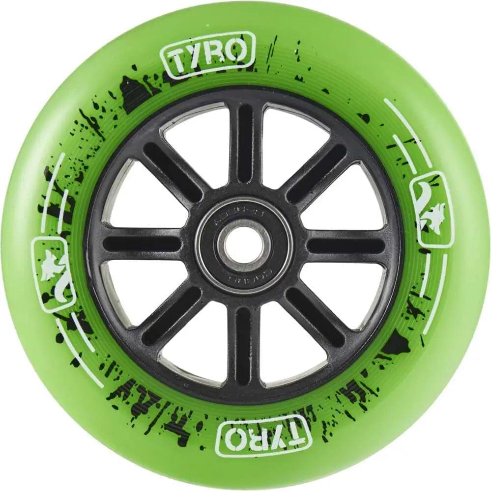 The Longway Tyro 100mm Nylon Core Scooter Wheel - Green features black spokes, a durable nylon core, 88A urethane, a centered bearing, white "TYRO" branding on the rim, and black graphic splatters. Brand: Longway.