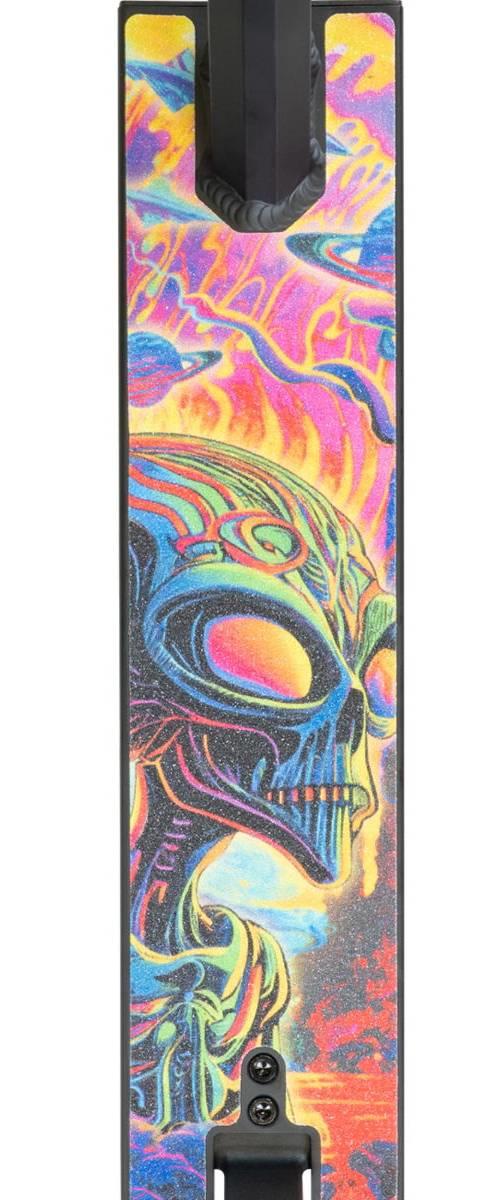The image shows the underside of the Madd Gear MG 2 Obsidian Complete Stunt Scooter - Frenzy by MGP, featuring vibrant neon abstract art of a futuristic skull with swirling blue, orange, yellow, and pink patterns.