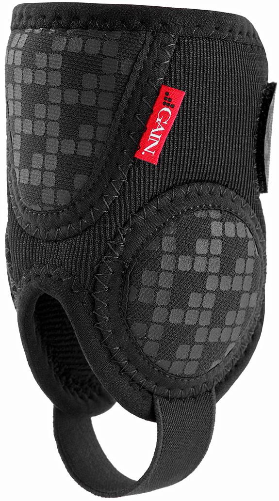 The GAIN Protection Pro Junior Ankle Protectors in black feature padded, geometric square-patterned covers with adjustable straps and a red GAIN label, offering impact protection for dogs' legs.