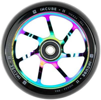 A vibrant Ethic DTC Incube V2 110mm Stunt Scooter Wheel in a rainbow iridescent finish, featuring a black tire, bearing, slim metal spokes, and "INCUBE-II" branding on the rim. This Ethic wheel blends eye-catching style with dependable performance for your scooter.