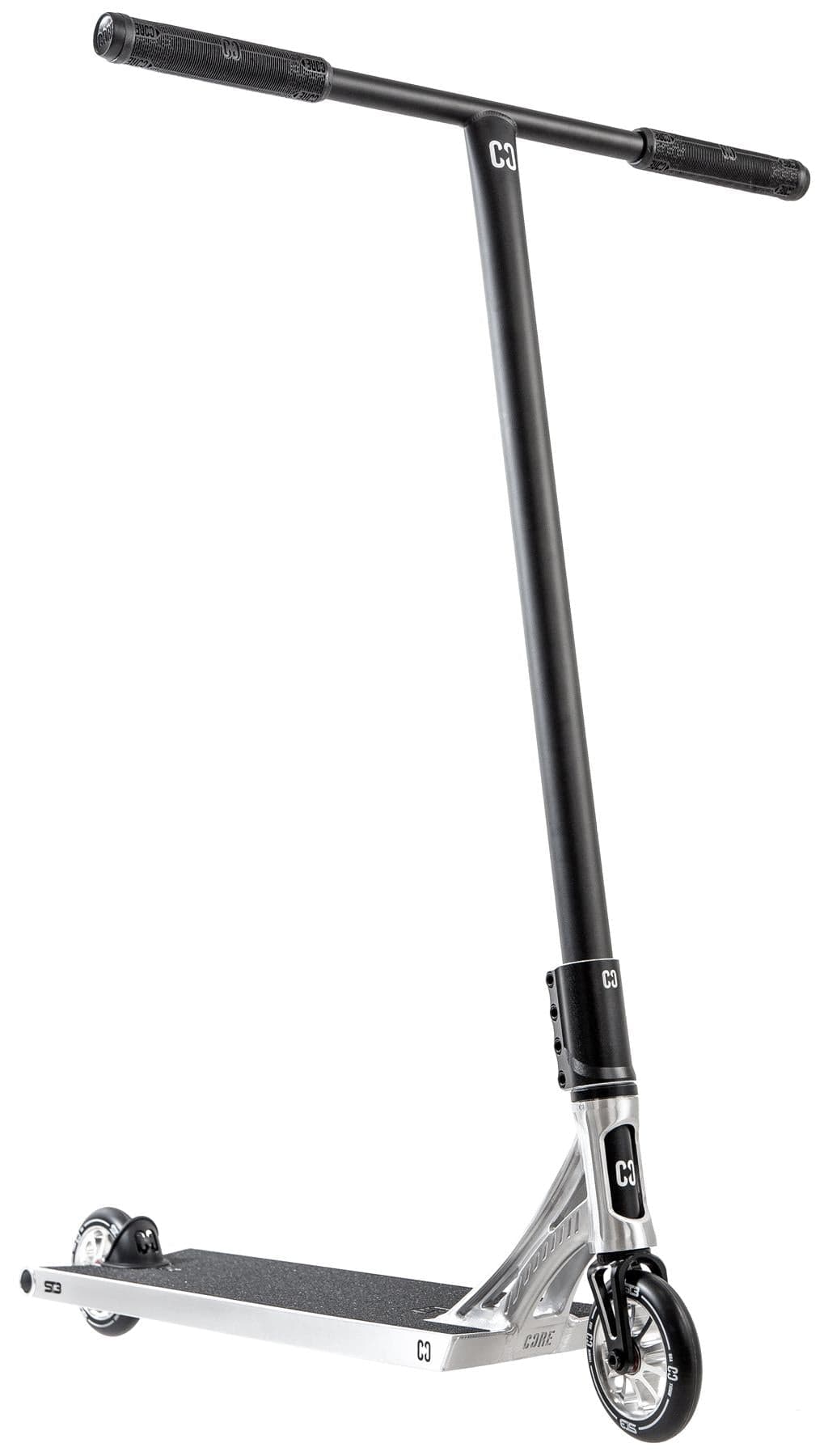 The CORE ST3 Complete Stunt Scooter - Polished by CORE features a wide handlebar, black grips, small black wheels, and a metal deck with pro-grade components. The black and silver scooter stands upright against a white background.