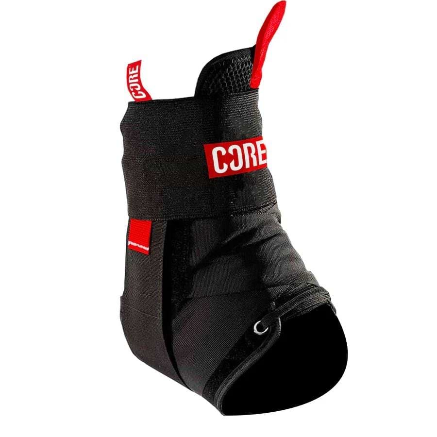 The CORE Ankle Protection Brace - Black by CORE showcases a sleek black and red design, complete with adjustable straps and a Velcro pull tab. Its angular build provides optimal ankle support and protection during skateboarding activities.