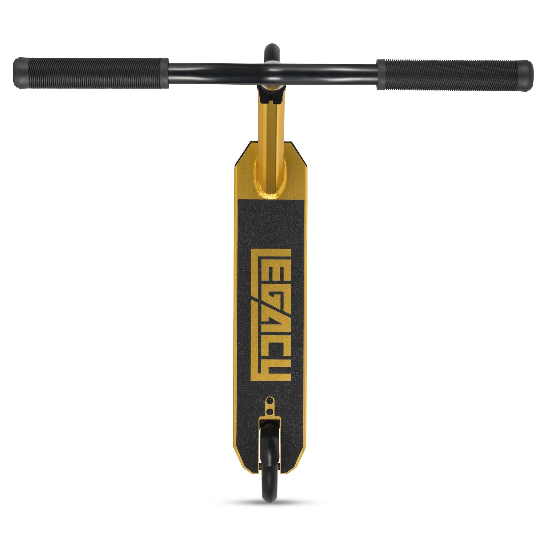 Top-down view of the Legacy Ventus Complete Stunt Scooter in gold and black, featuring wide handlebars for skatepark tricks and a deck boldly printed with "LEGACY.