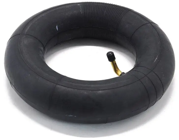 The Wildcat 10" Mini BMX Inner Tube - Black by Wildcat is a durable rubber tube with a brass valve stem, ideal for BMX bikes or small vehicles, shown on a white background.