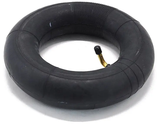 The Wildcat 10" Mini BMX Inner Tube - Black by Wildcat is a durable rubber tube with a brass valve stem, ideal for BMX bikes or small vehicles, shown on a white background.