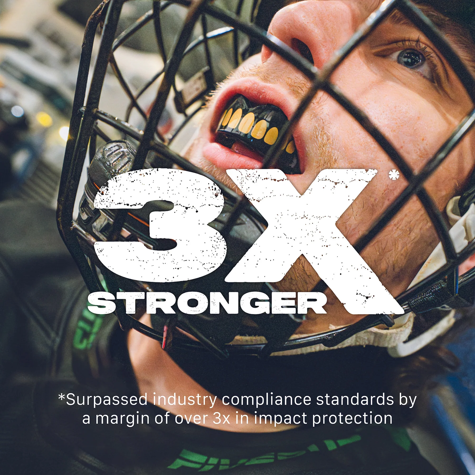 Close-up of a hockey player wearing the Safejawz Extro Series Protection Mouthguard - Goldie and helmet, with bold "3X STRONGER" text and a claim of 3x greater impact protection than industry standards by Safejawz.