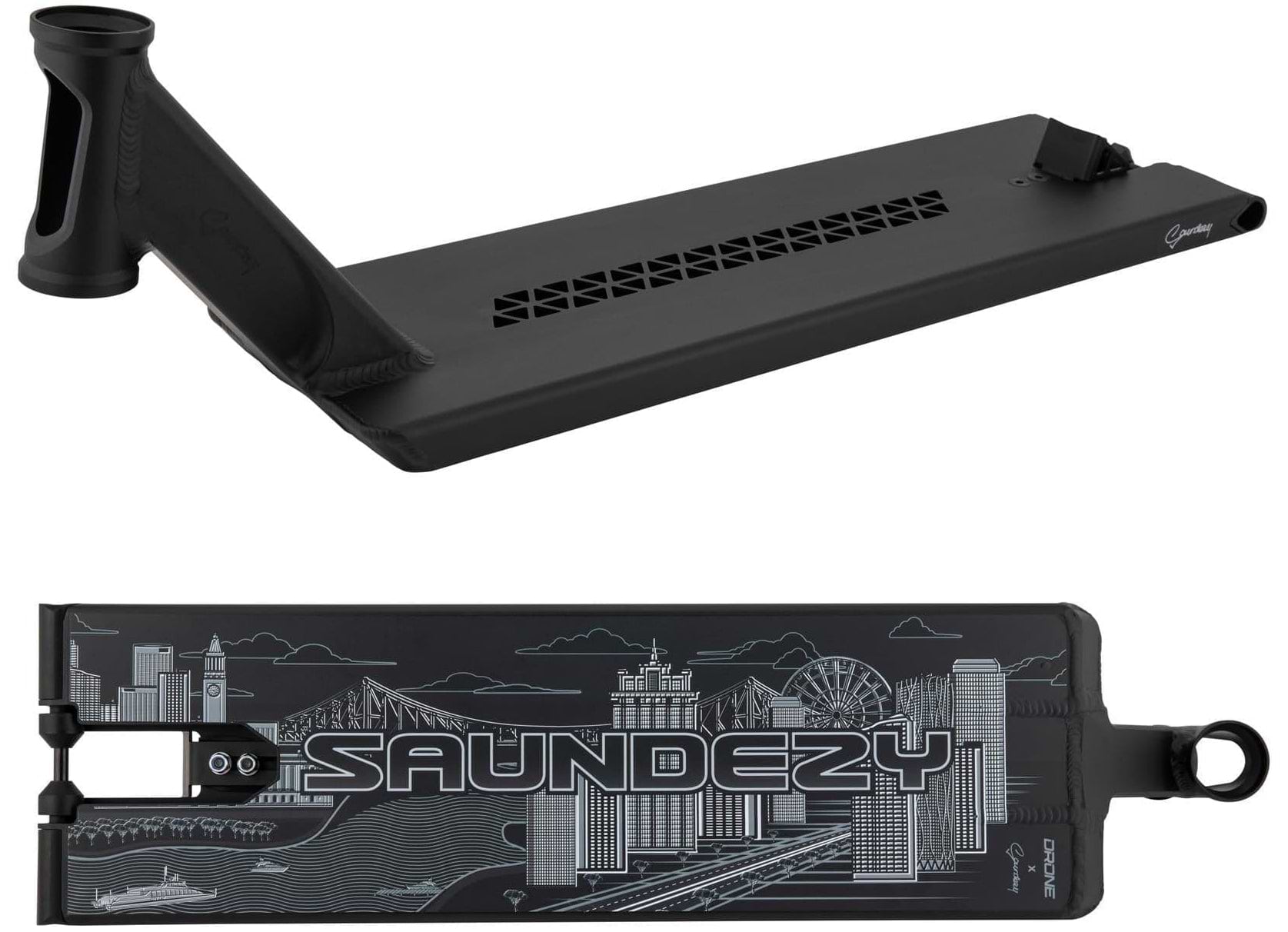 The Drone Nexus 'Saundezy' Black Signature Stunt Scooter Deck, 6.5" x 22"/23", features a gripped top and a cityscape design with "SAUNDEZY," displaying buildings, a Ferris wheel, and mountains on the bottom. It includes grindable spacers for smooth tricks.