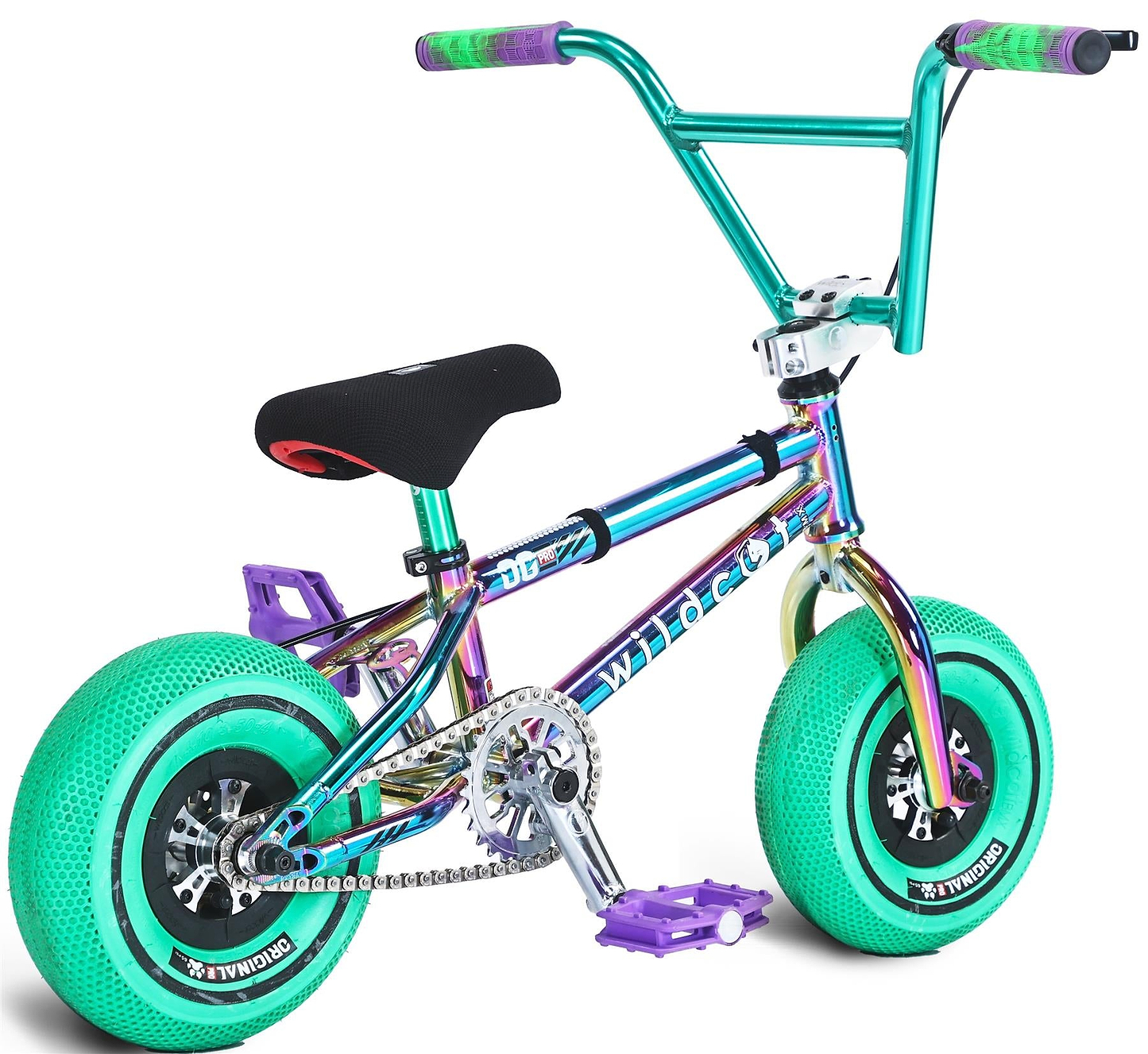 The Wildcat OG Pro Mini BMX Bike - Joker Green features a shiny rainbow metallic frame, black seat, bright green tires, purple pedals, and green/purple grips. "Wildcat" is printed on the frame.