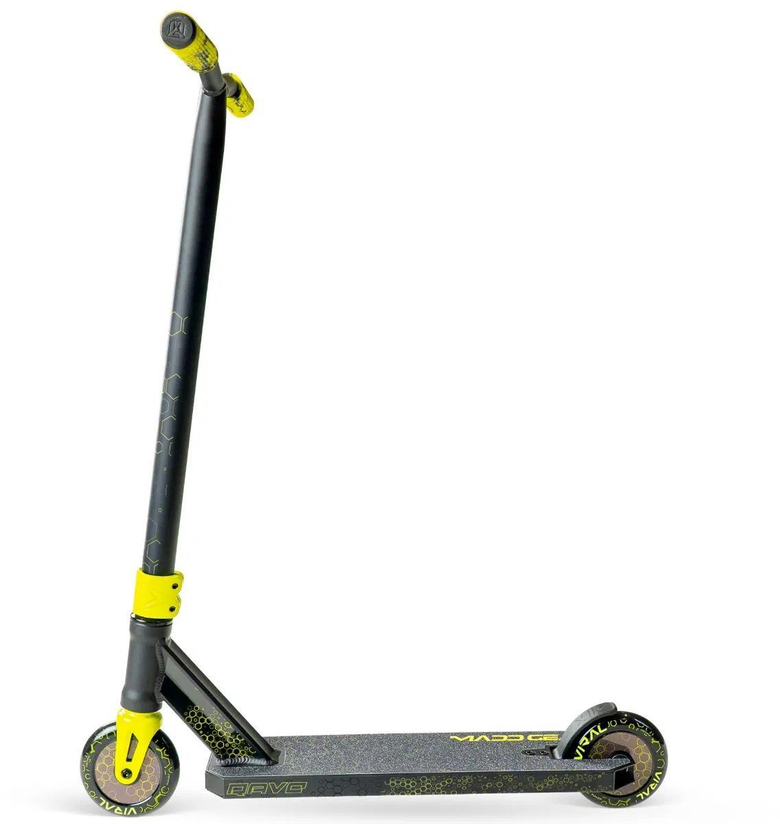 The Madd Gear Viral Rave Complete Stunt Scooter - Neon by MGP features a black and yellow design with a textured footboard, yellow handle grips, and yellow wheel accents, shown on a white background.