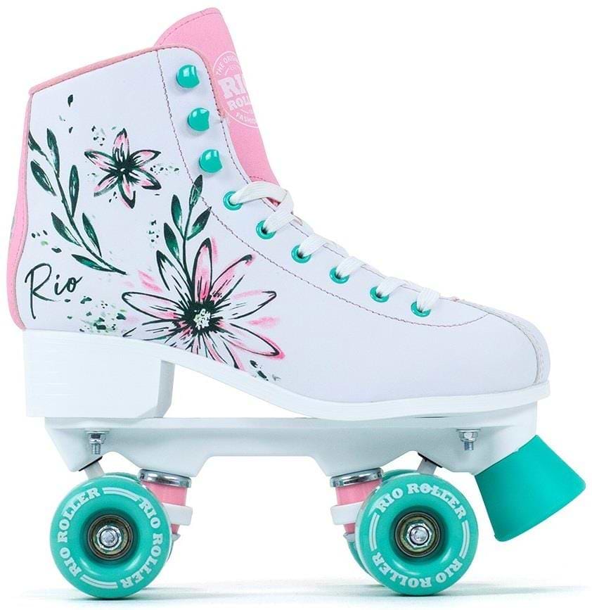 The Rio Roller Artist Quad Roller Skates - Flora feature a white design with teal and pink wheels, floral side patterns, pink lace and collar details, and teal brakes. These stylish and functional skates are adorned with artistic flower motifs.