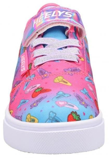 The Heelys Pro 20 X2 Girls Shoes in Pink/Cyan by Heelys feature a fun front view with microphones, strawberries, playful patterns, silver glittery laces, a white sole, and a durable nylon upper.