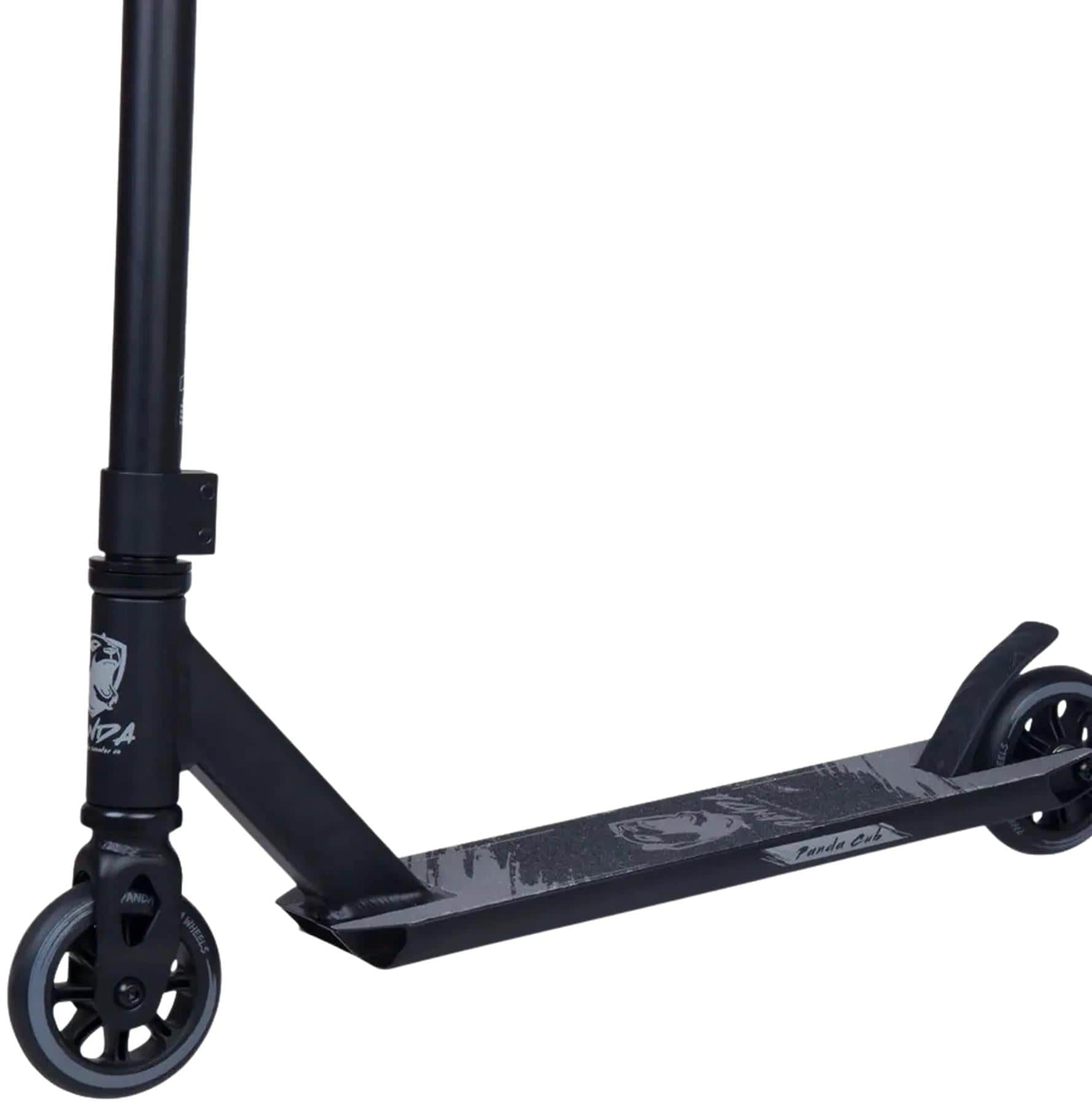 The Panda Cub Complete Stunt Scooter by Panda, in black, features a solid handlebar, two small wheels, and a textured grip deck for young riders. It is shown on a white background.