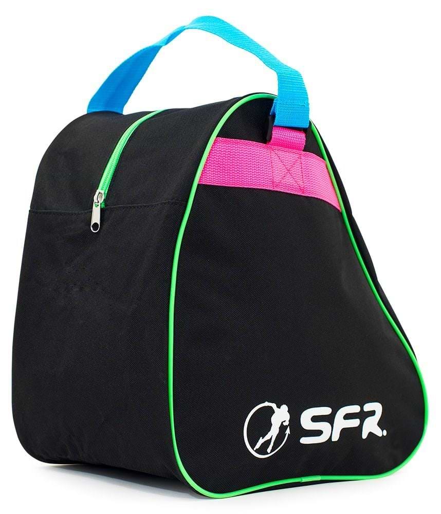 The SFR Vision Skate Bag - Disco from SFR is a fashionable skate bag predominantly black, highlighted by a blue handle, green piping, and pink accents. It includes a zippered pocket and proudly displays the "SFR" logo in white on the side. Ideal for your skate accessories, this water-resistant bag combines functionality with style.