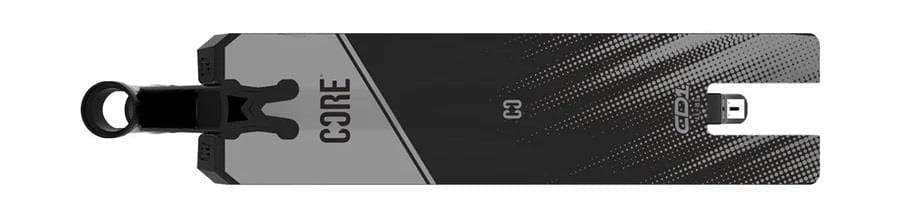 Close-up of the CORE CD1 Black Stunt Scooter Deck, measuring 4.5" x 18.5", specifically crafted for park riders. It sports a matte finish with "CORE" branding and includes a rear cutout for wheel attachment, highlighted by its diagonal line graphic design in black and gray.