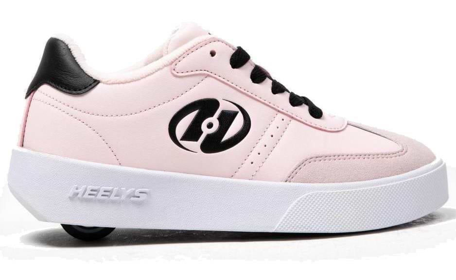 The Heelys Goleeh Girls Shoes in blush pink and black feature a low-top design, black laces, side logo, heel accents, and a visible wheel—perfect for stylish rolling.