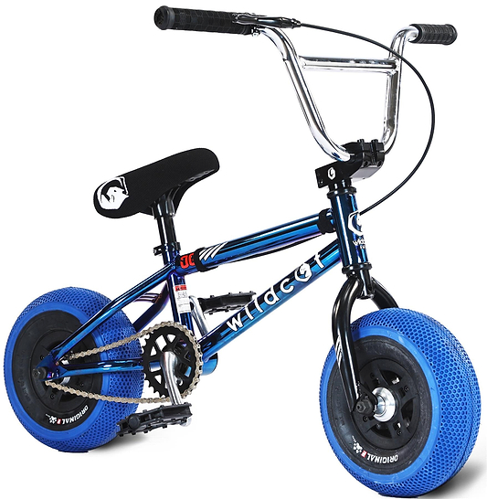 The Wildcat OG 3A Mini BMX Bike by Wildcat features a royal blue frame, PRO Street 65PSI tyres, CNC aluminium rims, black pedals, a black seat with a white graphic, and chrome handlebars.