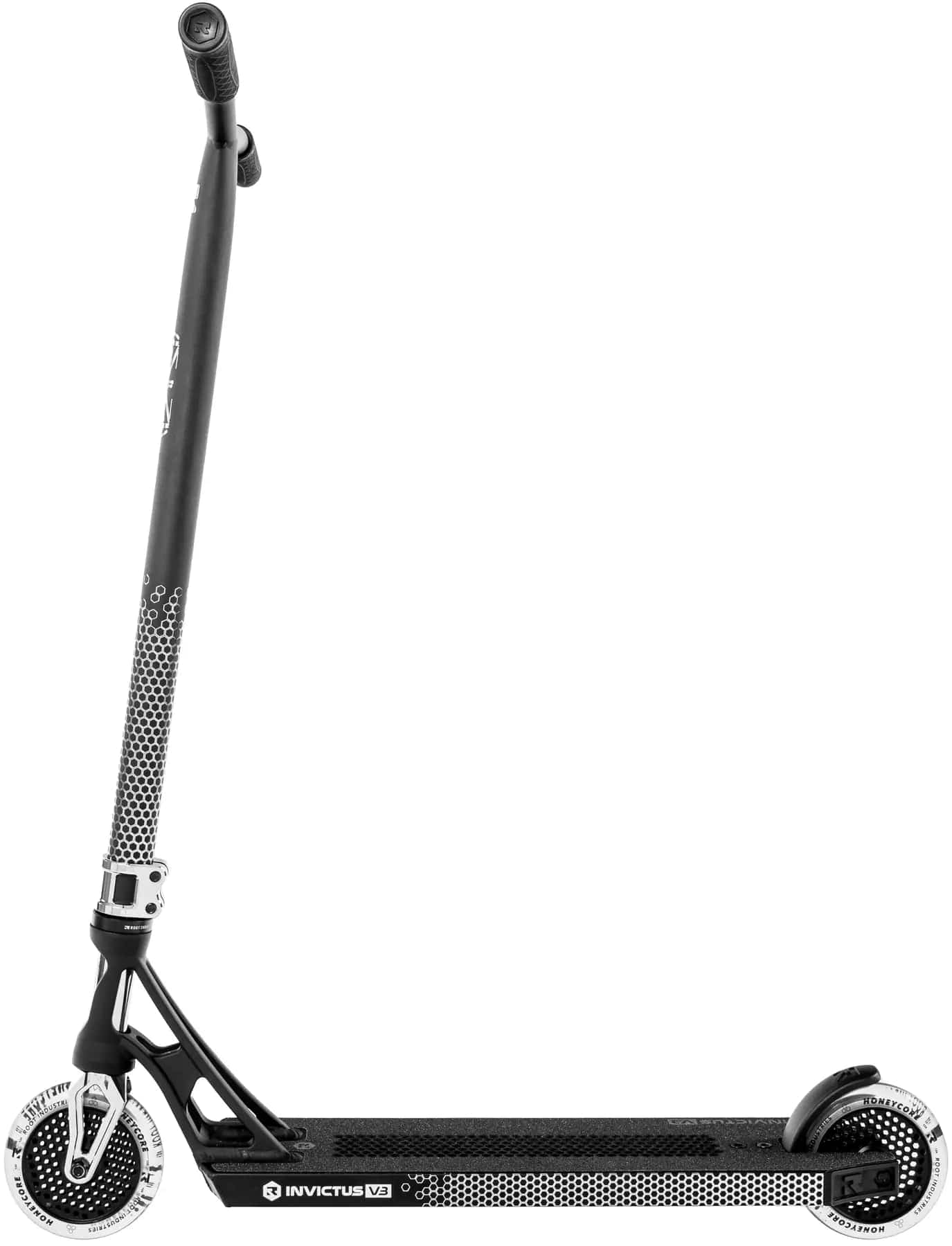 The Root Industries Invictus V3 Complete Stunt Scooter - Black Mirror features Chromolite bars, a textured deck with "Invictus V3" branding, two small wheels, a single handlebar, and a black-and-white design.