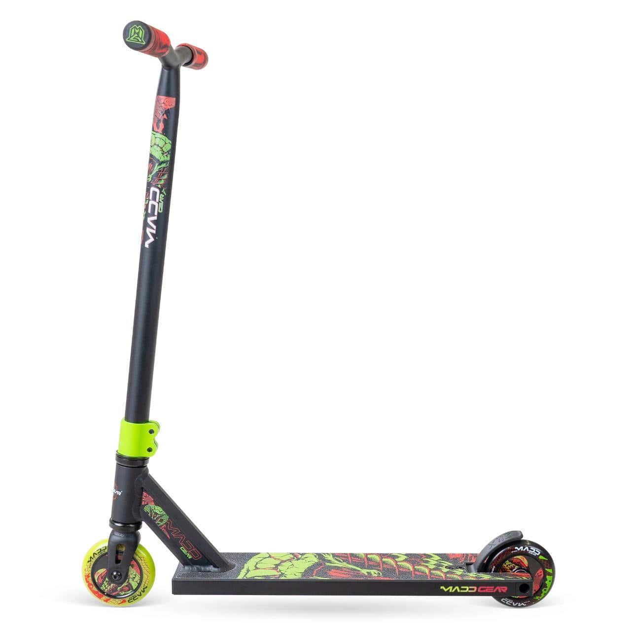 The Madd Gear MG 2 Obsidian Complete Stunt Scooter - Venom features a black and green design with red accents, high-speed ABEC-5 chrome bearings, colorful deck and wheel graphics, and a bright green clamp.