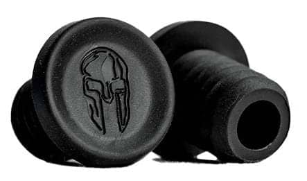 Close-up of two Supremacy Maze Black Stunt Scooter Grips - 180mm featuring a Spartan helmet design embossed on the ends. These Supremacy grips have a textured surface for improved grip, making them highly favored by pro riders who prioritize exceptional grip and style.