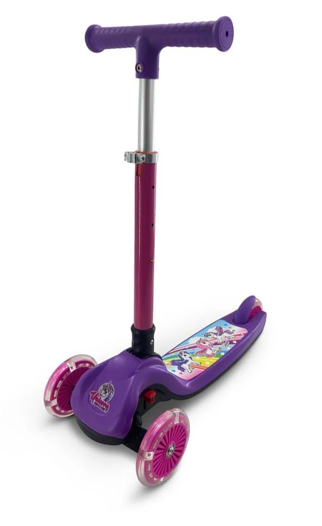 The Ozbozz Unicorn Trail Twist LED Kids Tri Scooter in purple/pink features cartoon character graphics, transparent LED wheels, and a tilt-to-steer system—perfect for children.