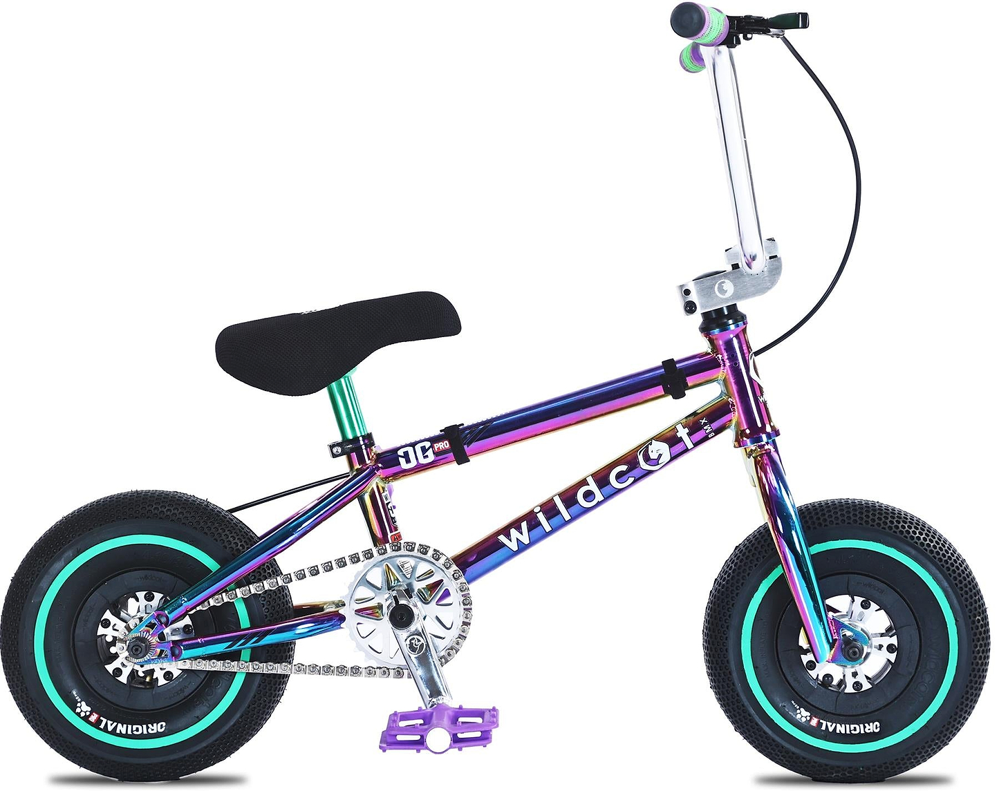 The Wildcat OG Pro Mini BMX Bike - Joker Green Neochrome by Wildcat features an iridescent purple and green frame, black seat, teal-accented black tires, silver handlebars, and bold "wildcat" branding—mini in size, pro in style.