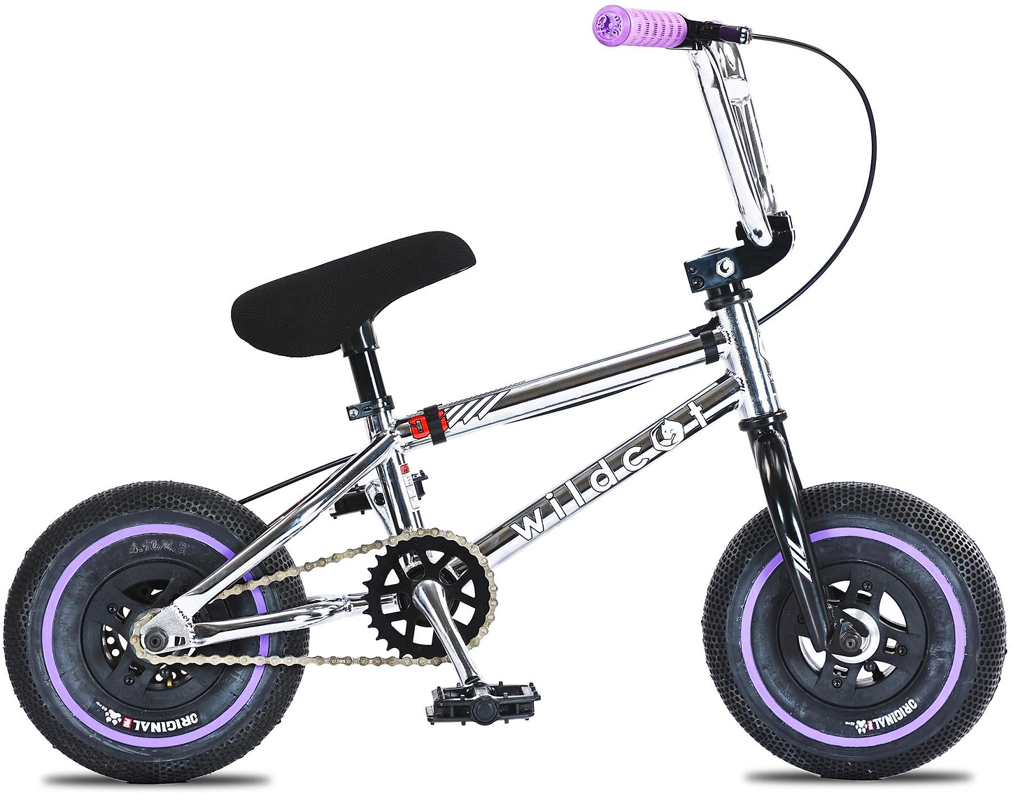 The Wildcat OG 3A Mini BMX Bike - Galaxy Purple features a small silver frame with "wildcat" in white, black seat and pedals, purple grips, purple CNC rims, and PRO Street 65PSI tyres—ideal for young riders.