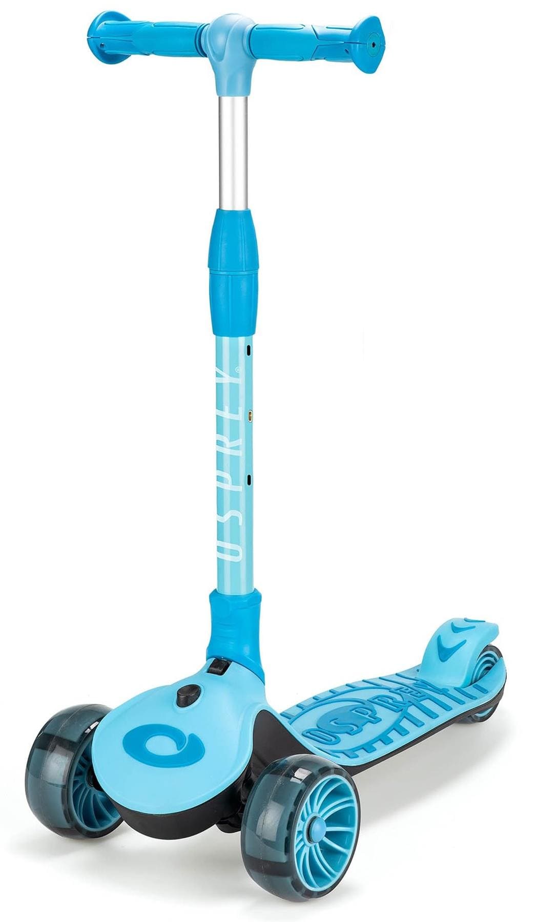 The Osprey 3Ride Folding Kids Tri-Scooter in blue features a sturdy handlebar, adjustable stem, wide deck, large front wheels, and a tilt-to-steer system for smooth rides. Ideal for children and designed by Osprey.