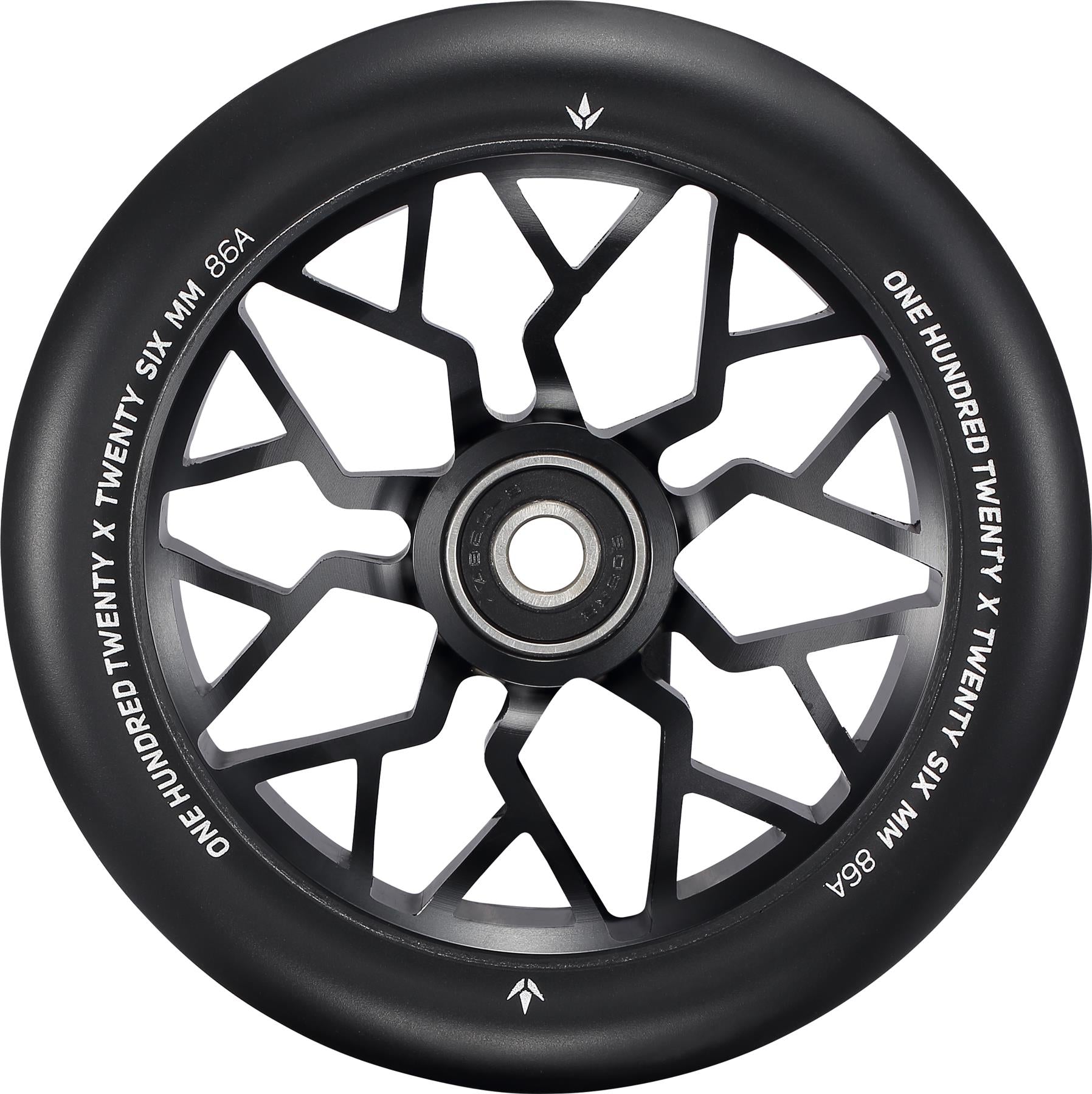 The Blunt Envy Sector 120mm Stunt Scooter Wheel in black features a geometric spoke-like center design and white rim text: "ONE HUNDRED TWENTY X TWENTY SIX MM 86A.