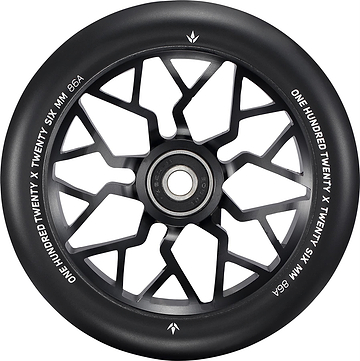 The Blunt Envy Sector 120mm Stunt Scooter Wheel in black features a geometric spoke-like center design and white rim text: "ONE HUNDRED TWENTY X TWENTY SIX MM 86A.