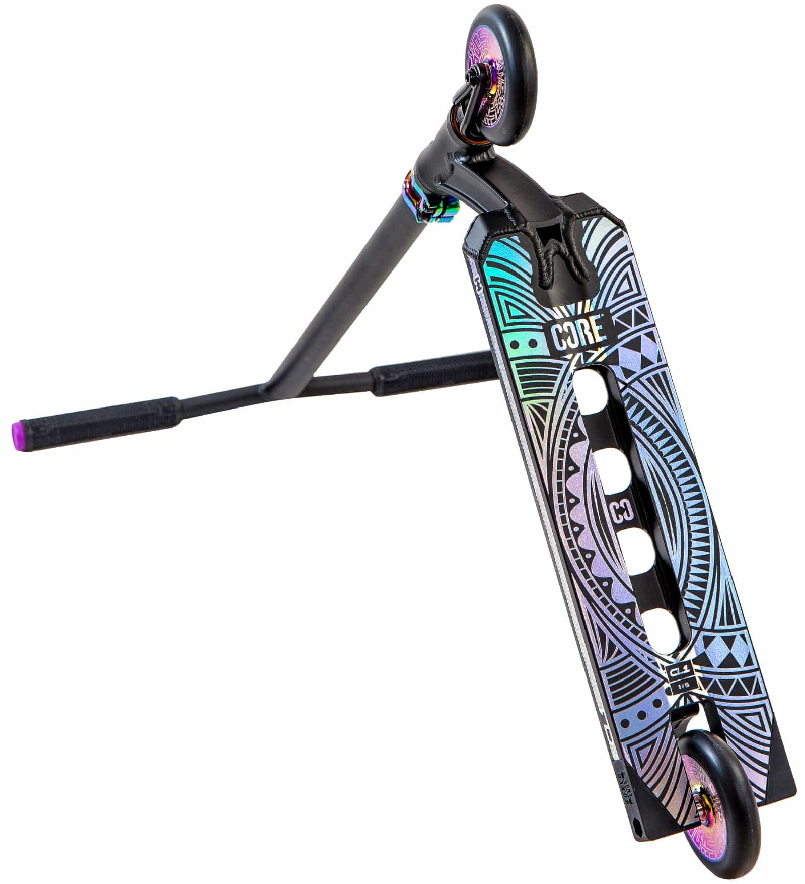 The CORE CL1 Complete Stunt Scooter - Black / Neochrome LE is shown tilted, highlighting its geometric-patterned underside, small wheels, and “CORE” branding. The black handlebar grips have purple ends—ideal for skatepark enthusiasts.