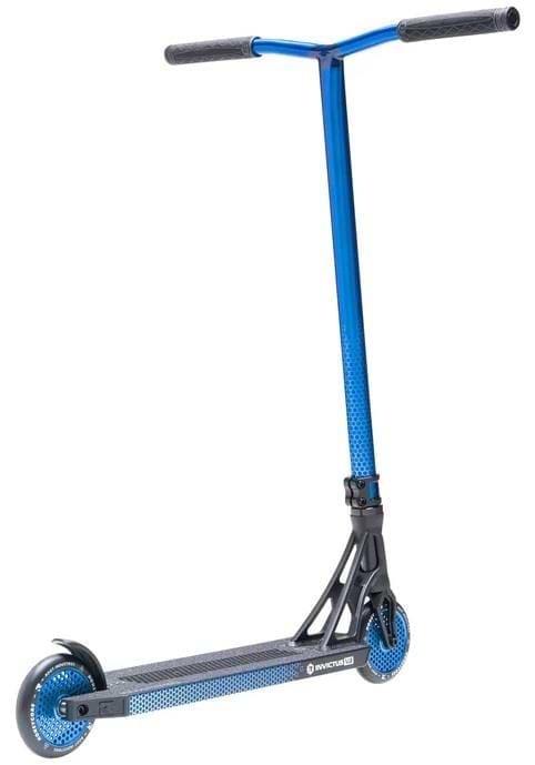 The Root Industries Invictus V3 Complete Stunt Scooter - Burnt Blue features a T-shaped handlebar, black grips, blue wheels, and a gradient blue deck, displayed upright on a plain white background.