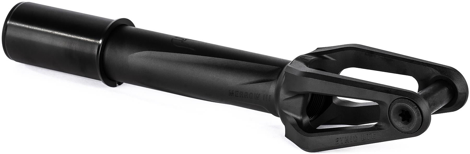 The Ethic DTC Merrow V3 8/12STD HIC Stunt Scooter Fork in black features a cylindrical tube and forked end, designed for connecting the scooter wheel and handlebar. Brand: Ethic.