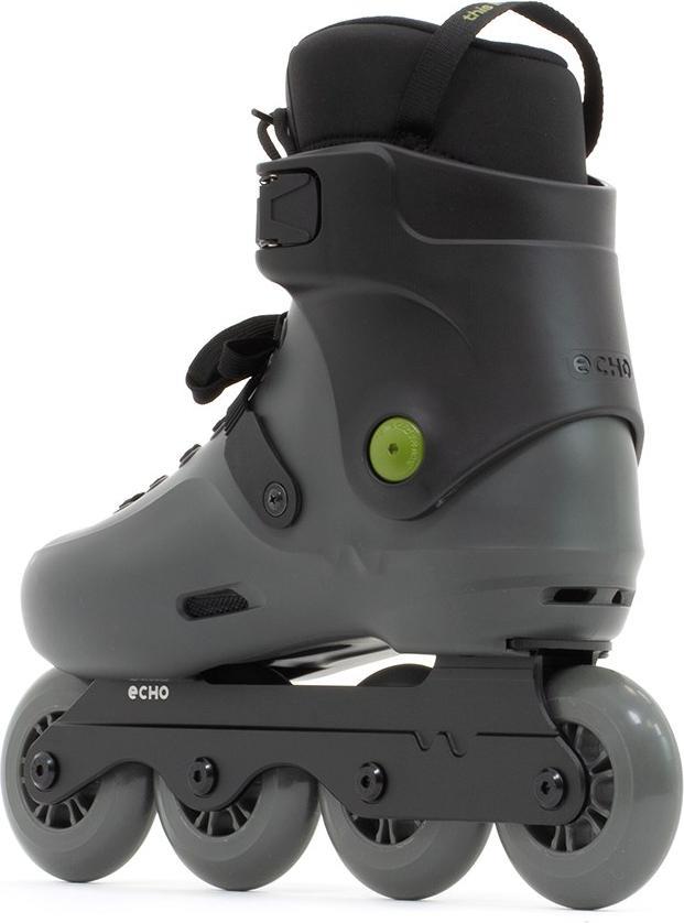 The Echo Sonar 4 Wheel Inline Freeskates - Black by Echo feature a hard plastic shell, padded ankle cuff, top strap, and green circular ankle detail—ideal for city skating and inline freeskate enthusiasts.