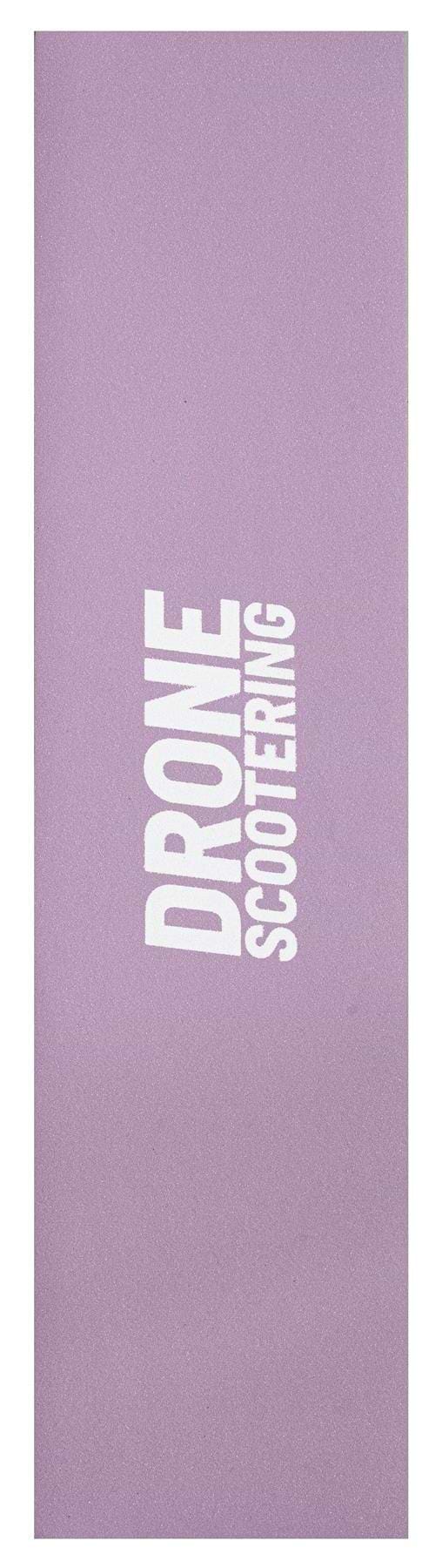A purple rectangular stunt scooter griptape by Drone features "Scootering" in white, printed vertically.