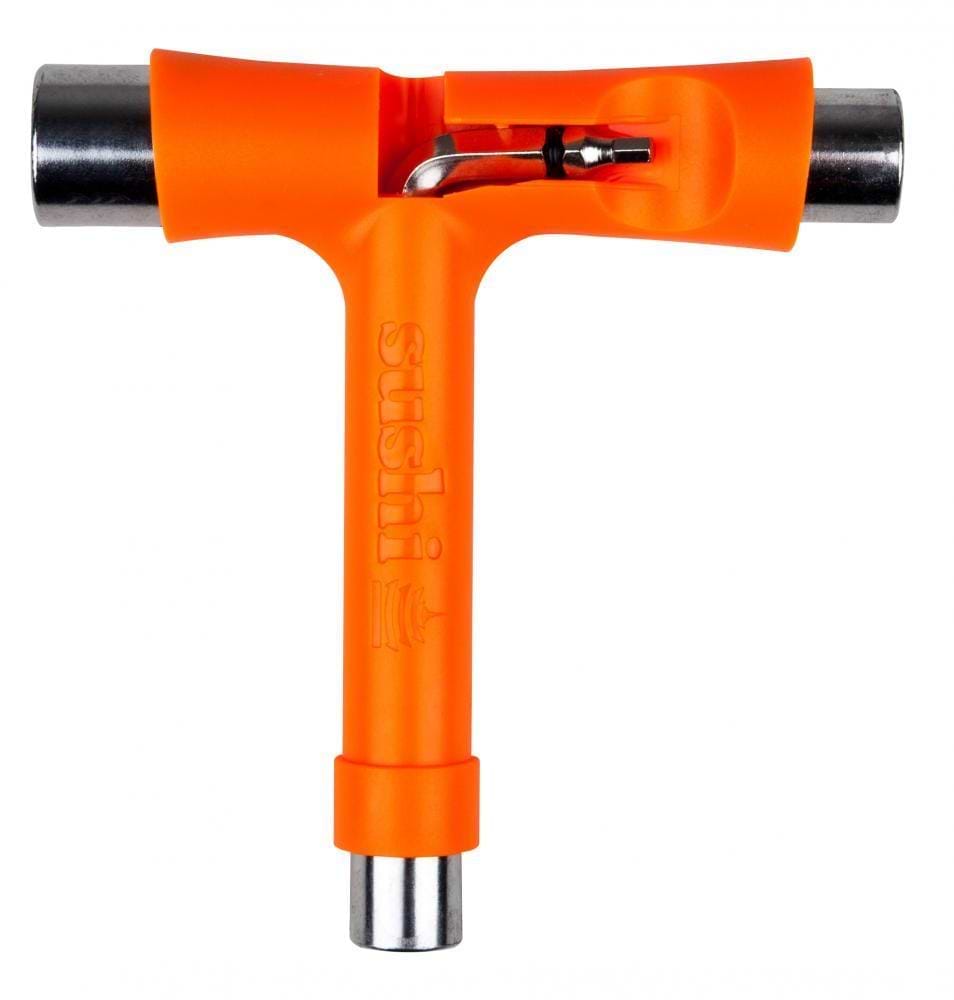 The Sushi Ultimate Ninja Skateboard Multi T-Tool in bright orange is a must-have for skateboarders, featuring three sockets, an integrated metal Allen key, and “sushi” branding with a fish logo on the handle.