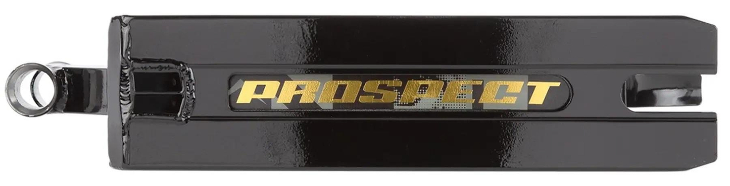 Close-up of the Lucky Prospect 2025 Black Shift Stunt Scooter Deck (5" x 19.5") by Lucky, crafted from durable Aluminum 6000 Series with "PROSPECT" in gold lettering and a rectangular cutout—perfect for advanced riders seeking top performance.