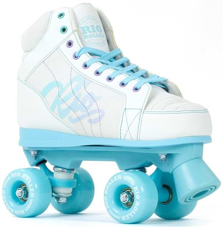 The Rio Roller Lumina Quad Roller Skates by Rio Roller feature a sturdy white PVC leather boot, light blue laces, wheels and sole, retro nylon trucks, and "Rio Roller" branding on the side's blue design.