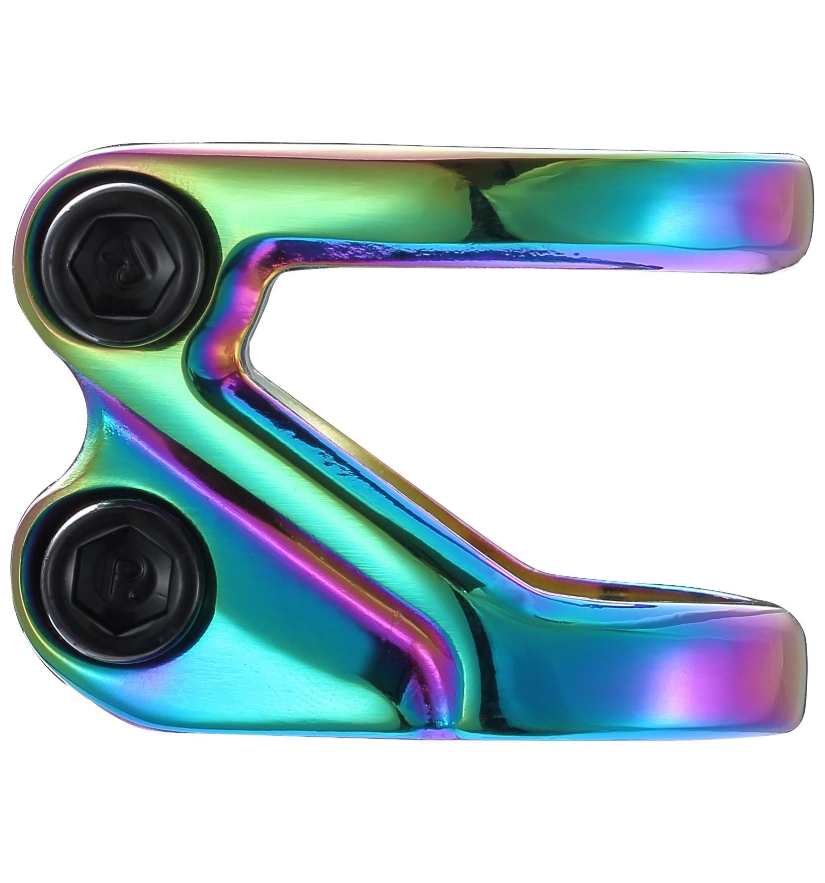The Blunt Envy Z 2 Bolt Oversized Stunt Scooter Clamp in Oil Slick Neochrome features a metallic, rainbow-colored surface with two prominent black screws on one side. Its glossy, iridescent finish reveals a gradient of blue, purple, green, and gold hues, making it an ideal choice for stylishly securing scooter bars.
