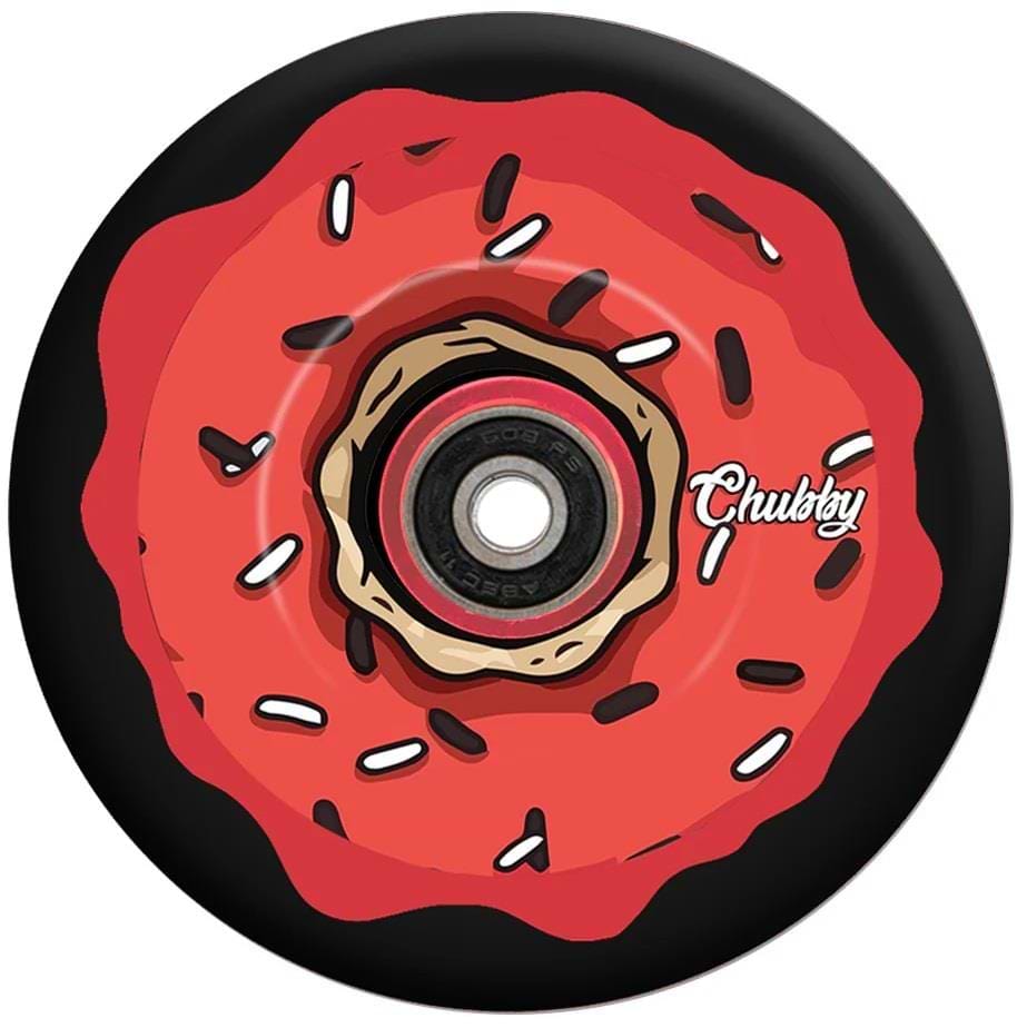 The Chubby Hollowcore 110mm Stunt Scooter Wheel - Devil Doughnut features a black and red donut-inspired design with red icing, sprinkles, and "Chubby" in white script—ideal for stunt riders seeking lightweight performance.