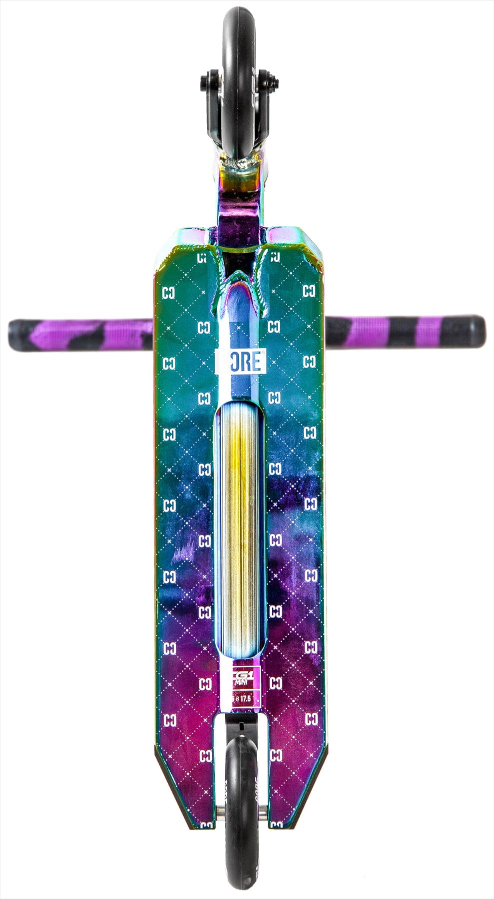 Top-down view of the CORE CG1 Mini Complete Stunt Scooter by CORE in Neochrome/Black, featuring two black wheels, geometric "CORE" grip tape on the deck, and horizontal handlebars—ideal for beginners at the skatepark.