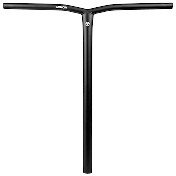 The Union Uniq Bend Steel Oversized HIC Stunt Scooter Bar in black (620mm x 600mm) features a T-shaped design, "Union" branding at the top, and a small star-like logo below the junction. Made from durable Chromoly Steel. Plain white background.