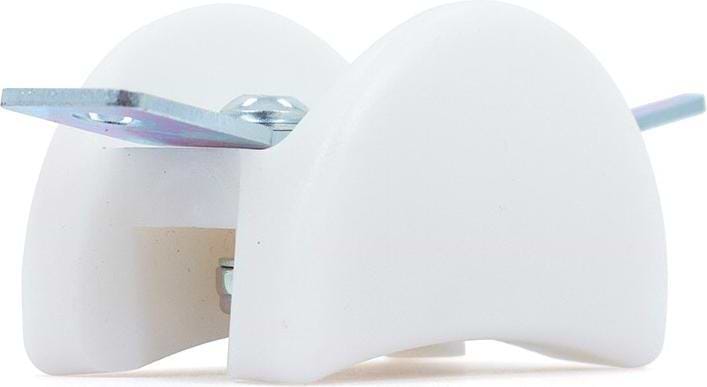 The Chicks In Bowls Roller Skate Slide Blocks – White, by Chicks In Bowls, are white plastic blocks with two curved sides and a top metal bracket, ideal for roller skate slide tricks or use on sliding doors.