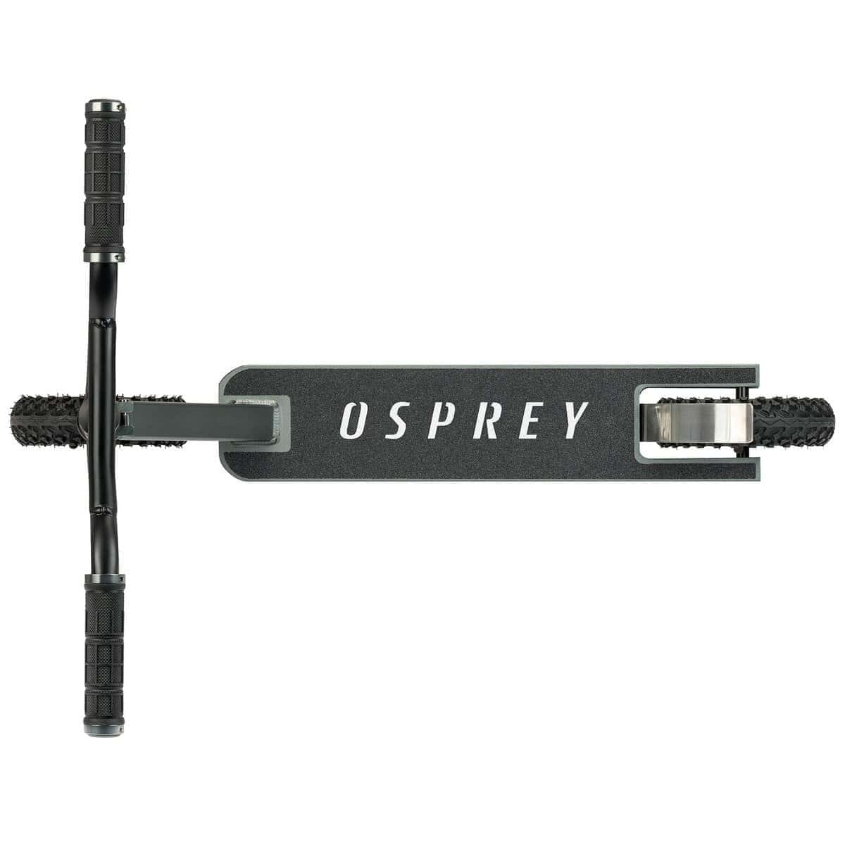 Top-down view of a gun metal grey Osprey Complete Dirt Scooter with wide, knobby pneumatic 200mm wheels, black handlebar grips, and "OSPREY" in white on the deck—built for off-road impacts.