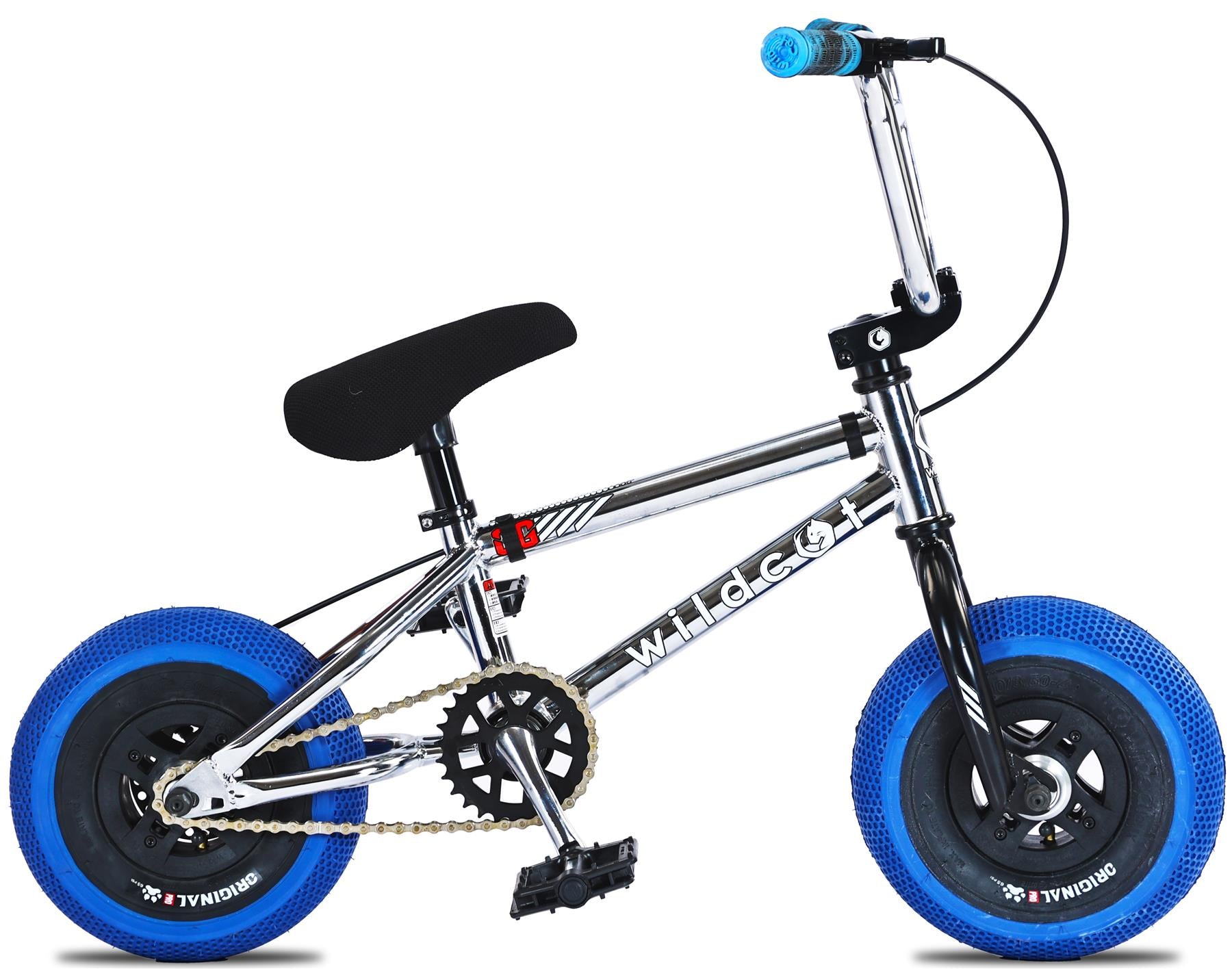 The Wildcat OG 3A Mini BMX Bike - Galaxy Blue is a small chrome BMX with blue PRO Street 65PSI tyres, black seat, blue grips, chromoly steel handlebars, chain drive, and "WILD CAT" on the frame.